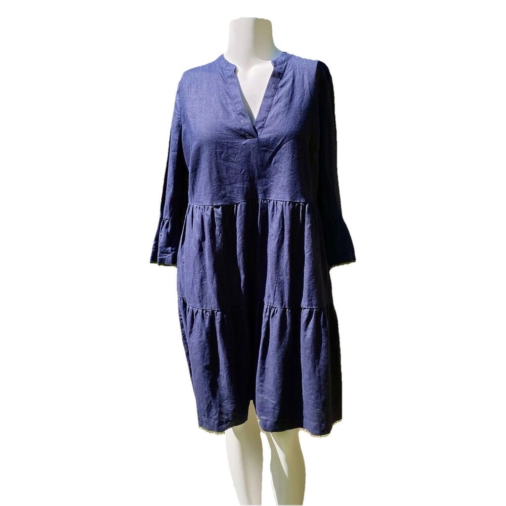 Boden Sophia Linen Dress Tiered Knee Length Navy Blue Size 14R 3/4 Bell Sleeve